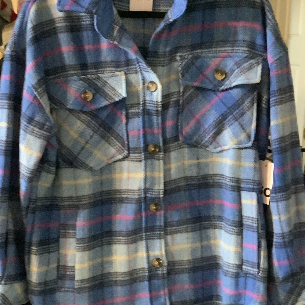 SO Checkered Flannel Shacket in Blue and Pink, small